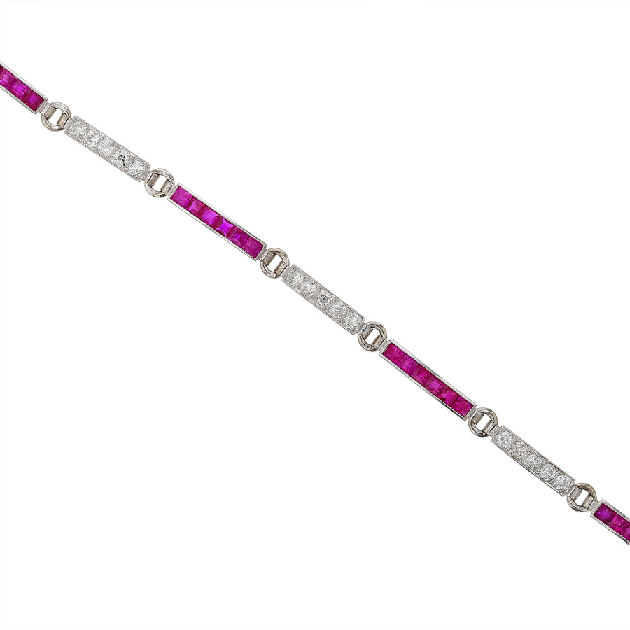 5.28ct Ruby and 3.40ct Diamond Alternating Line Bracelet in Platinum, 7.5"