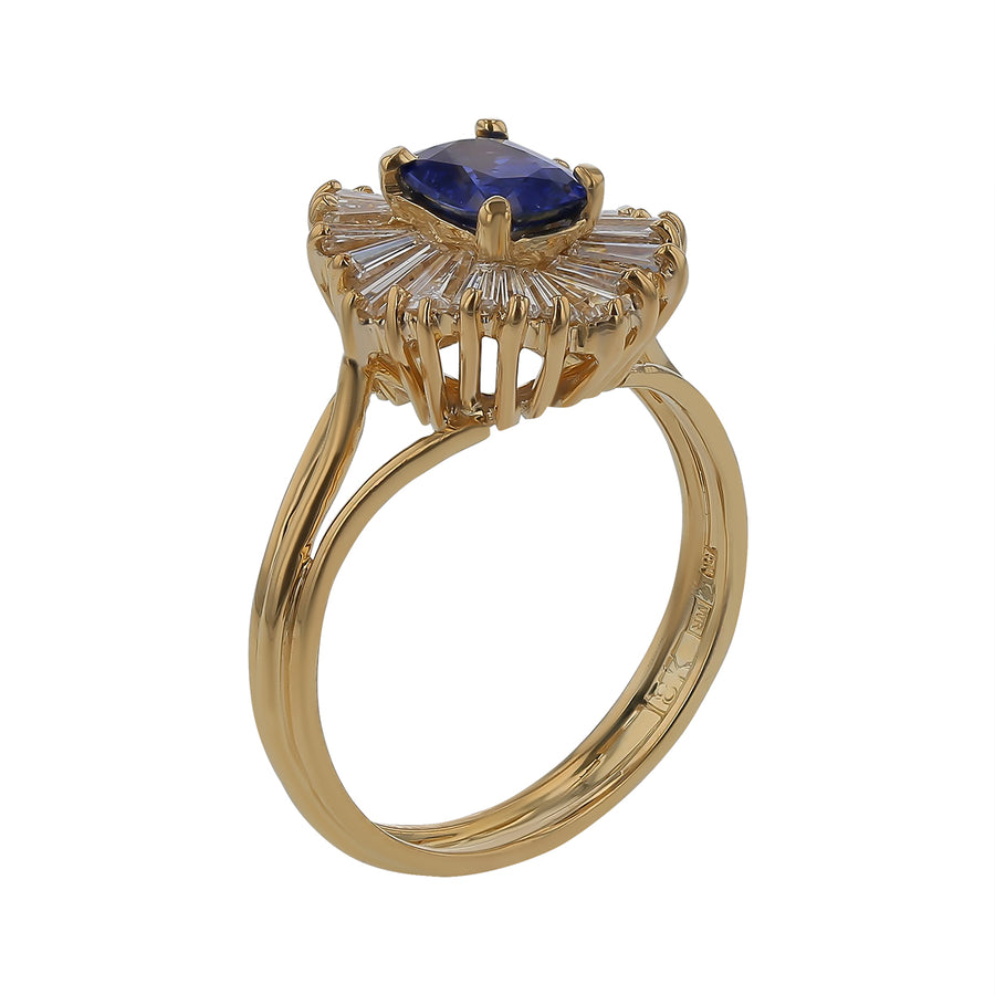 0.87ct Cushion Ceylon Sapphire and 0.75ct Baguette Diamond Ballerina Ring in 18k Yellow Gold Size 6.5