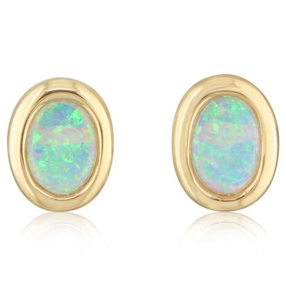 0.88ct Oval Cabochon Australian Opal Bezel Set Stud Earrings in 14K Yellow Gold