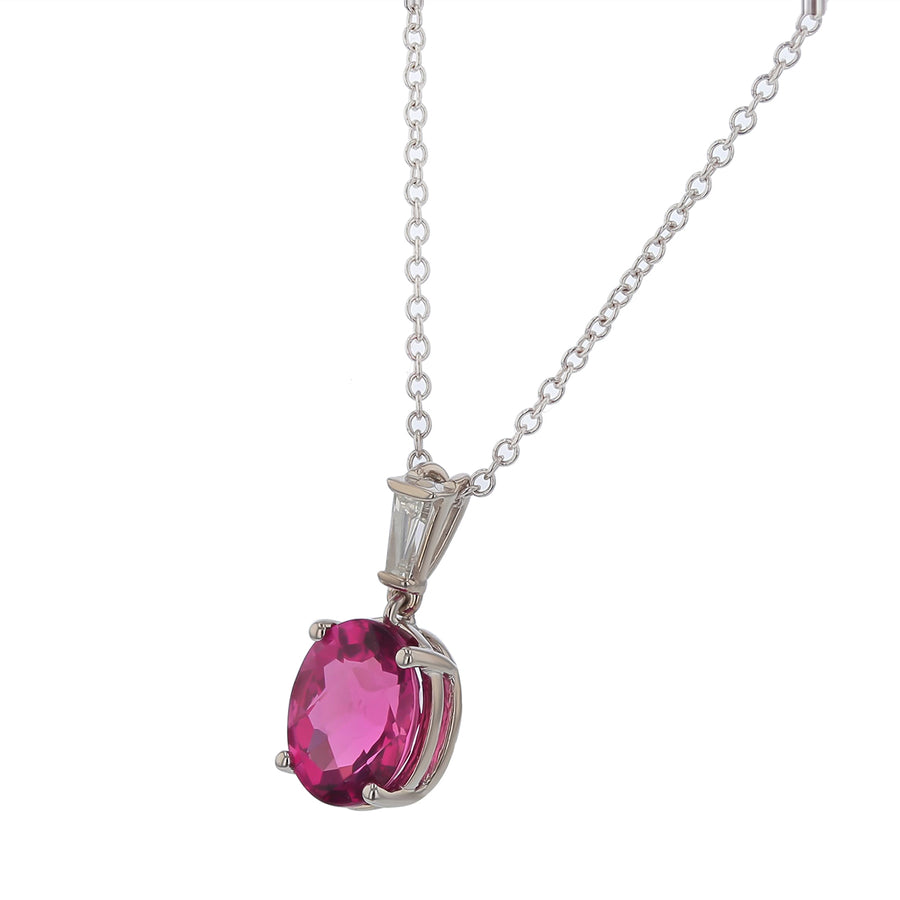 2.02ct Oval Checkerboard Pink Tourmaline and 0.10ct Tapered Baguette Diamond Pendant Necklace in 14k White Gold  18" Chain