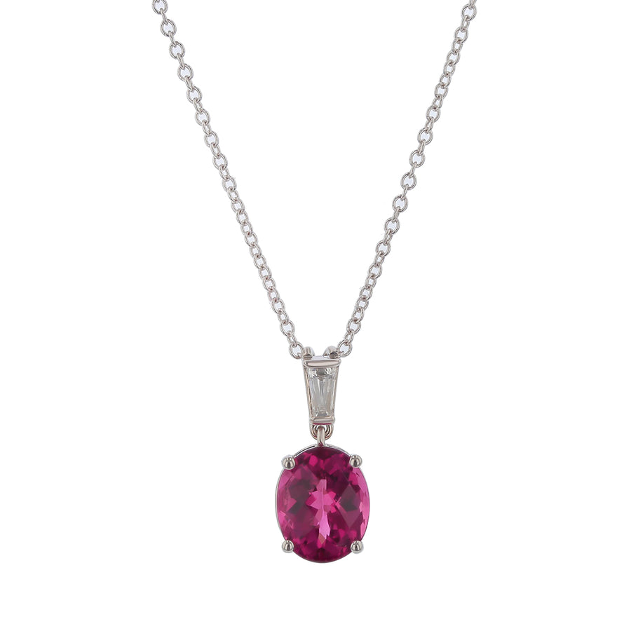 2.02ct Oval Checkerboard Pink Tourmaline and 0.10ct Tapered Baguette Diamond Pendant Necklace in 14k White Gold  18" Chain