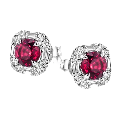 1.12ct Ruby and 0.54ct Diamond Halo Stud Earrings in 18K White Gold