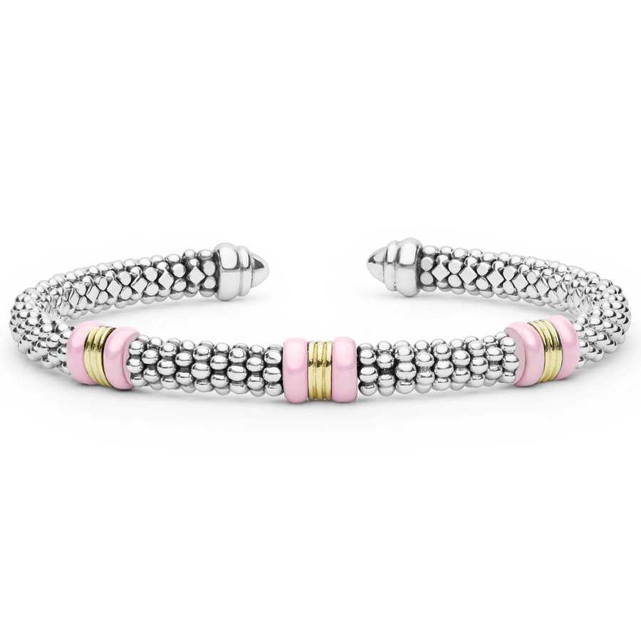 Pink Caviar 3 Station Cuff Bracelet in 18K Yellow Gold, Sterling Silver and Ceramic, size 7.5