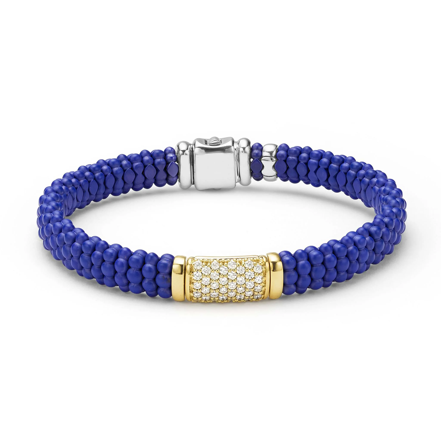 Ultramarine Blue Caviar Anthem Diamond 9mm Station Rope Bracelet in Sterling Silver, 18K Yellow Gold, and Matte Ceramic, size 7.5