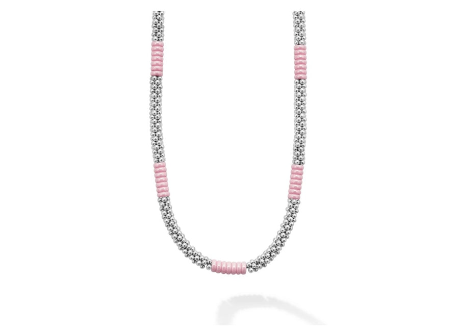 Pink Caviar Beaded Necklace in Sterling Silver and Ceramic, 18" chain
