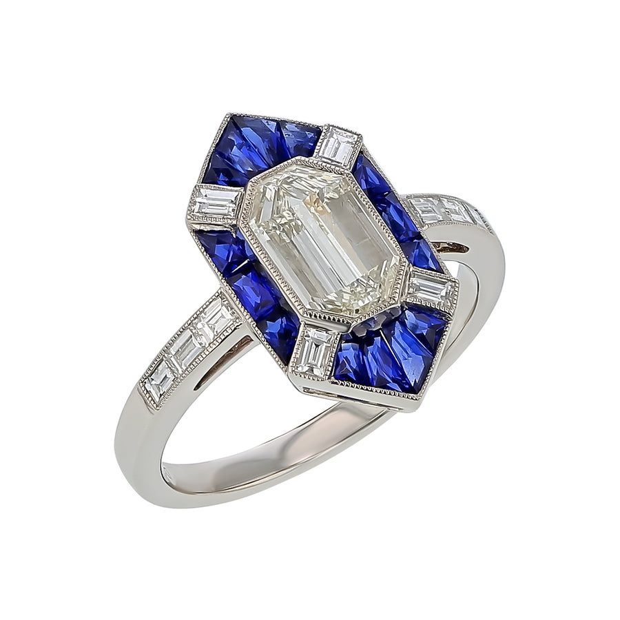 1.32ct Diamond and 0.32ct Sapphire 4 Straight Baguette Diamonds Hexagon Ring in Platinum, size 6.5