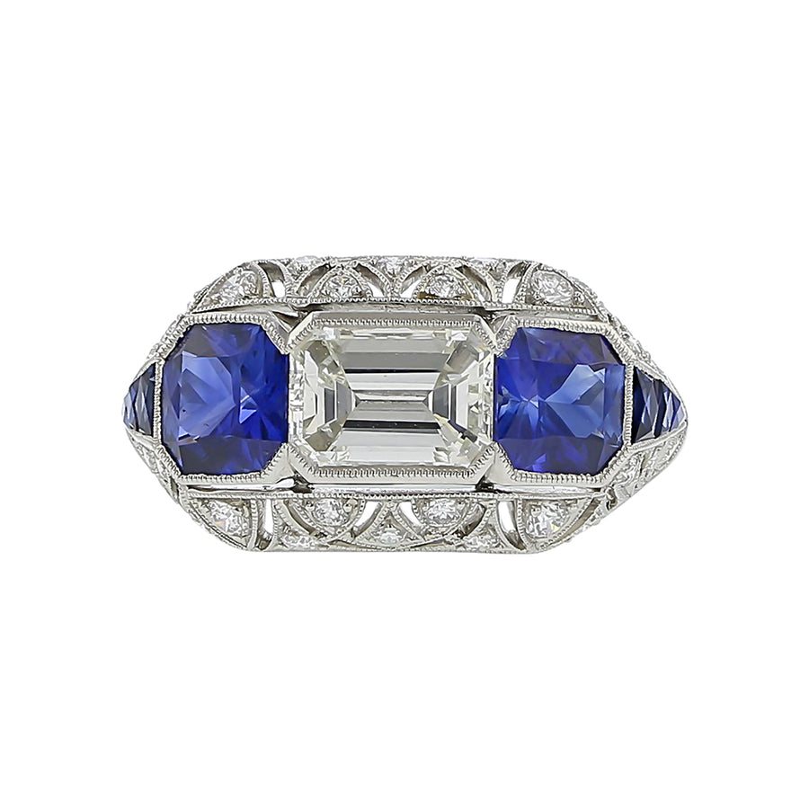 1.00ct Emerald Cut Diamond, Sapphire & Diamond Ring in Platinum