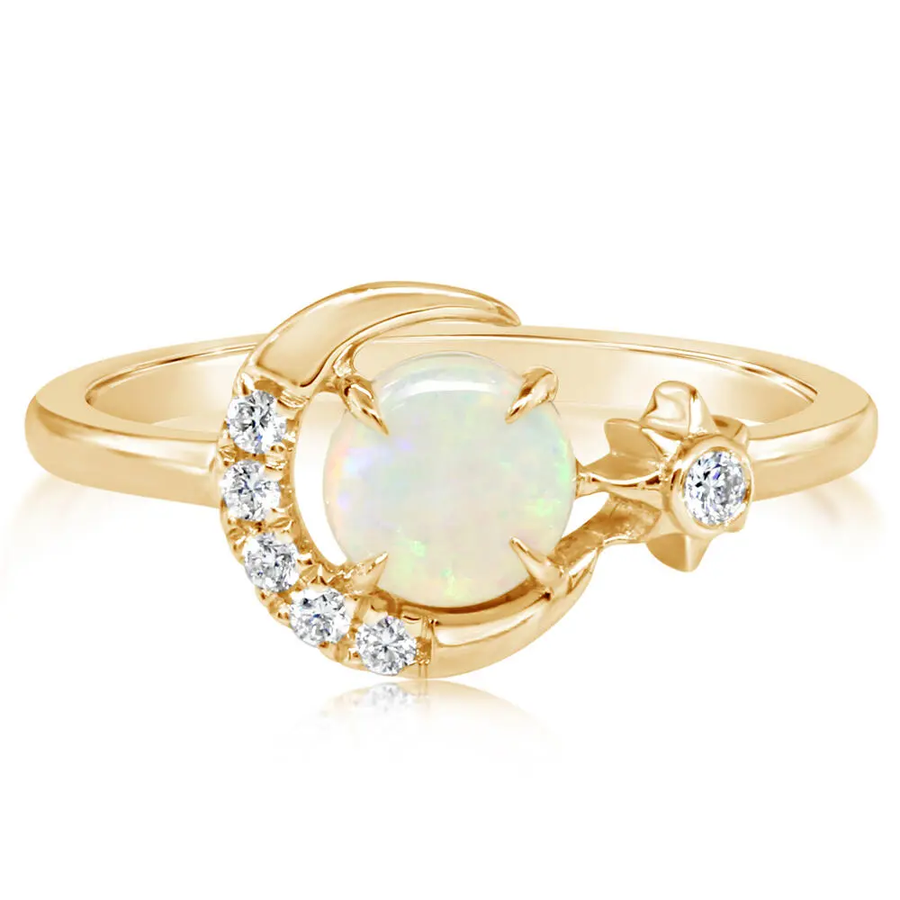 0.54ct Australian Opal and 0.09ct Diamond Moon and Star Ring in 14K Yellow Gold, Size 7