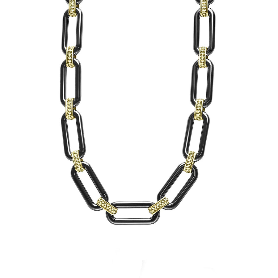 Signature Caviar Oval Link Necklace in 18K Yellow Gold and Black Ceramic, 18"