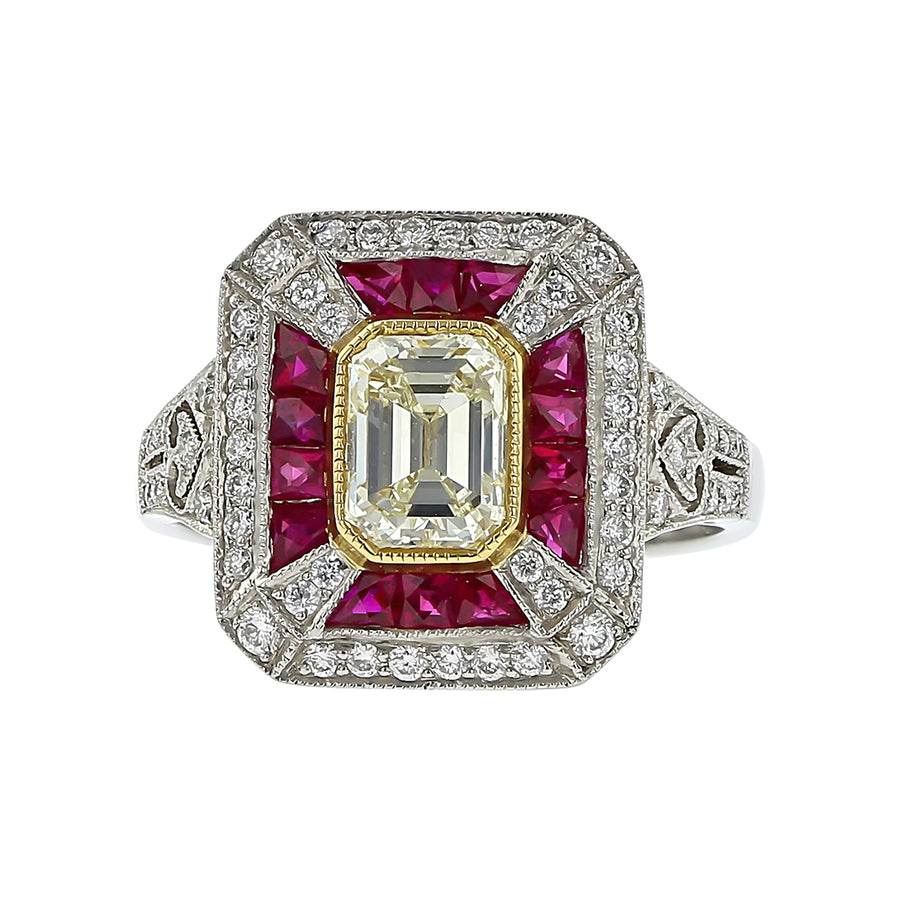 1.17ct Emerald Cut Diamond with 1.39ct Rubies and 0.38ct Full Cut Diamonds Ring in Platinum