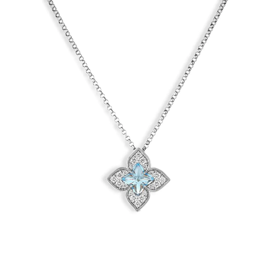 Venetian Princess 0.75ct Blue Topaz and 0.17ct Diamond Flower Pendant in 18K White Gold, 17" chain