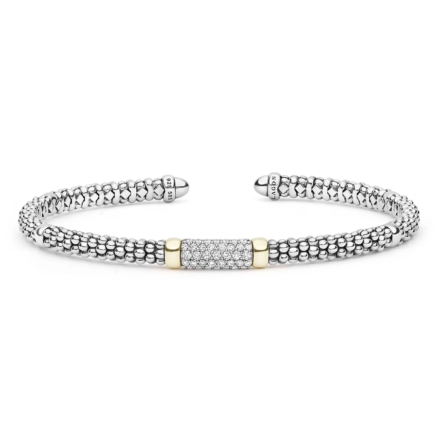 Signature Caviar 0.28ct Diamond Cuff Bracelet in 14K Yellow Gold and Sterling Silver, size medium
