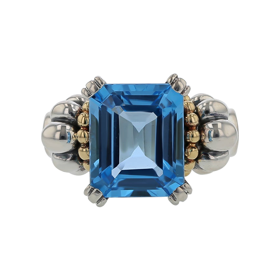 Lagos Caviar Glacier Blue Topaz Ring in Sterling Silver and 18k Yellow Gold Size 7