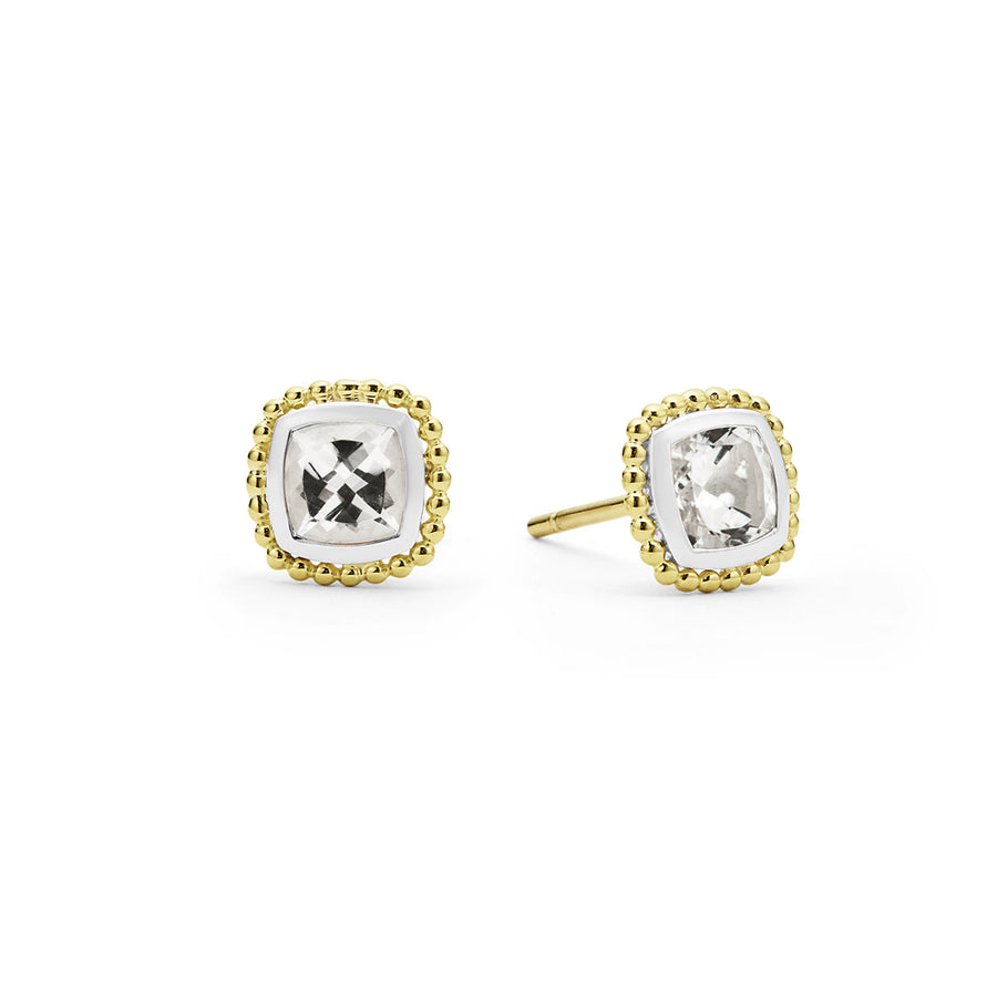 Rittenhouse White Topaz Cushion Stud Earrings in Sterling Silver and 18K Yellow Gold, Size 7mm