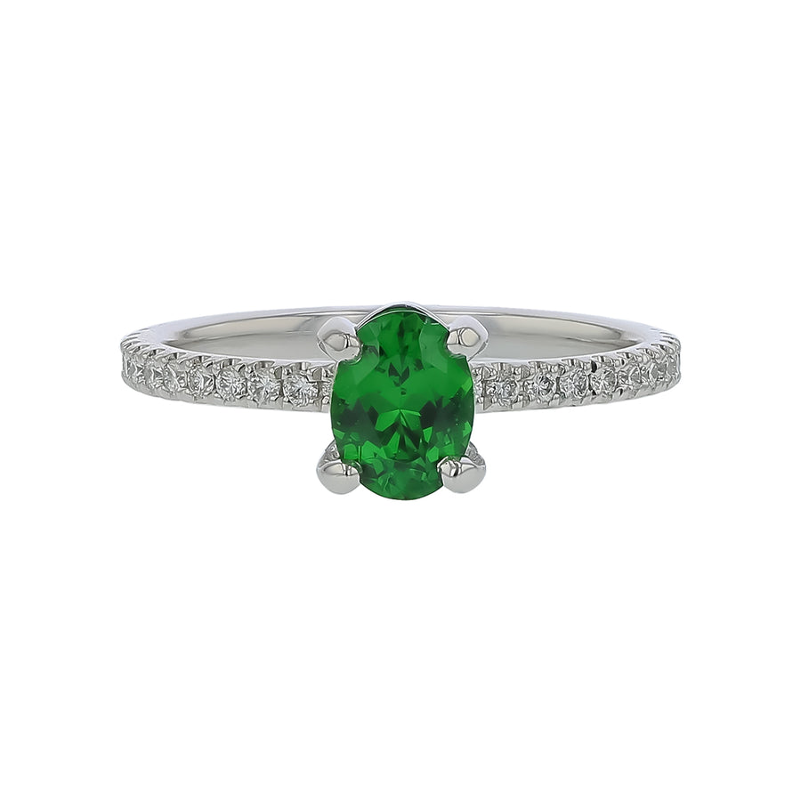 0.78ct Oval Tsavorite and 0.35ct Diamond Solitaire Ring in 18K White Gold, Size 7