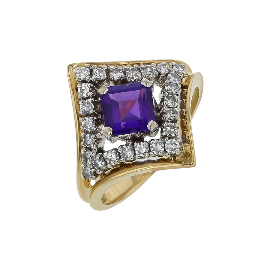 0.77ct Square Amethyst and 0.38ct Round Diamond Halo RIng in 14K Yellow and White Gold, size 5.75