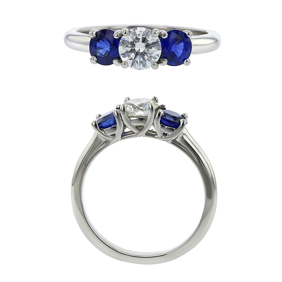PLAT 1 F&I RB DIA=0.51CT (F/SI2) GIA AND 2 4.3MM RD BL SAPHS=0.60-1.05CTS (H) 3-STONE RING, SZ 6.5