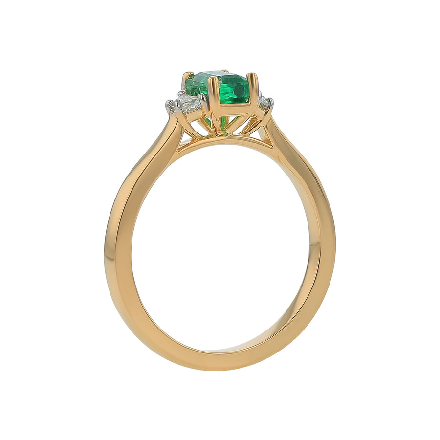 0.67ct Emerald Cut Zambian Emerald and 0.17ct Diamond 3 Stone Ring in 18K Yellow Gold, Size 6