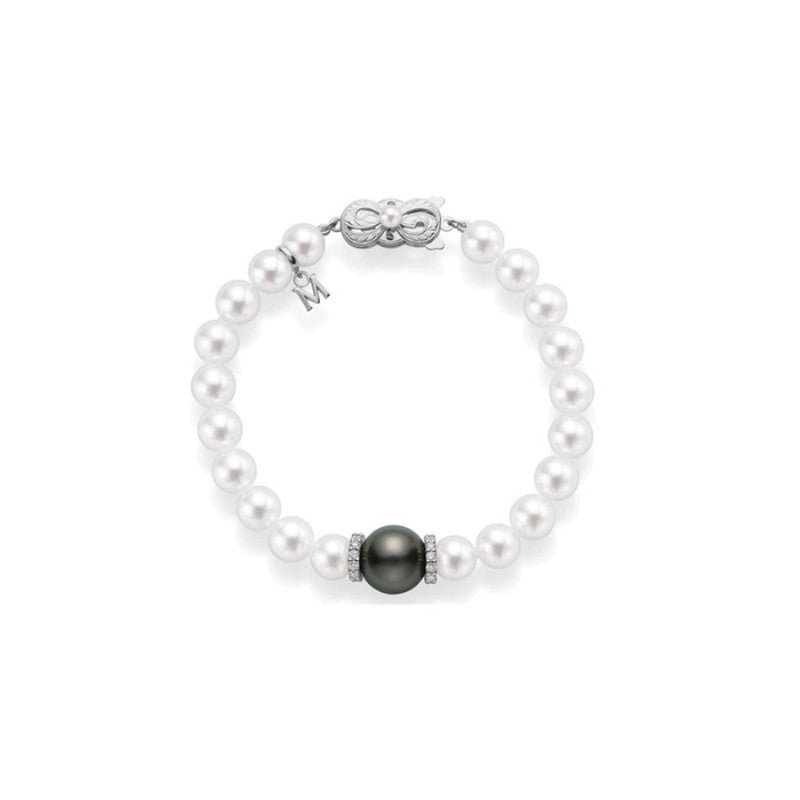 Fusion Akoya A+ Pearl, Black South Sea A+ Pearl and 0.30ct Diamond Bracelet in 18K White Gold, 7"