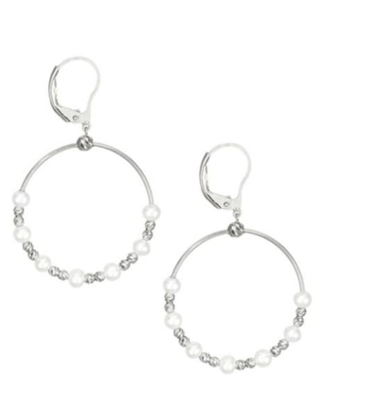 Freshwater Pearls Beaded Drop Hoop Earrings in Platinum
