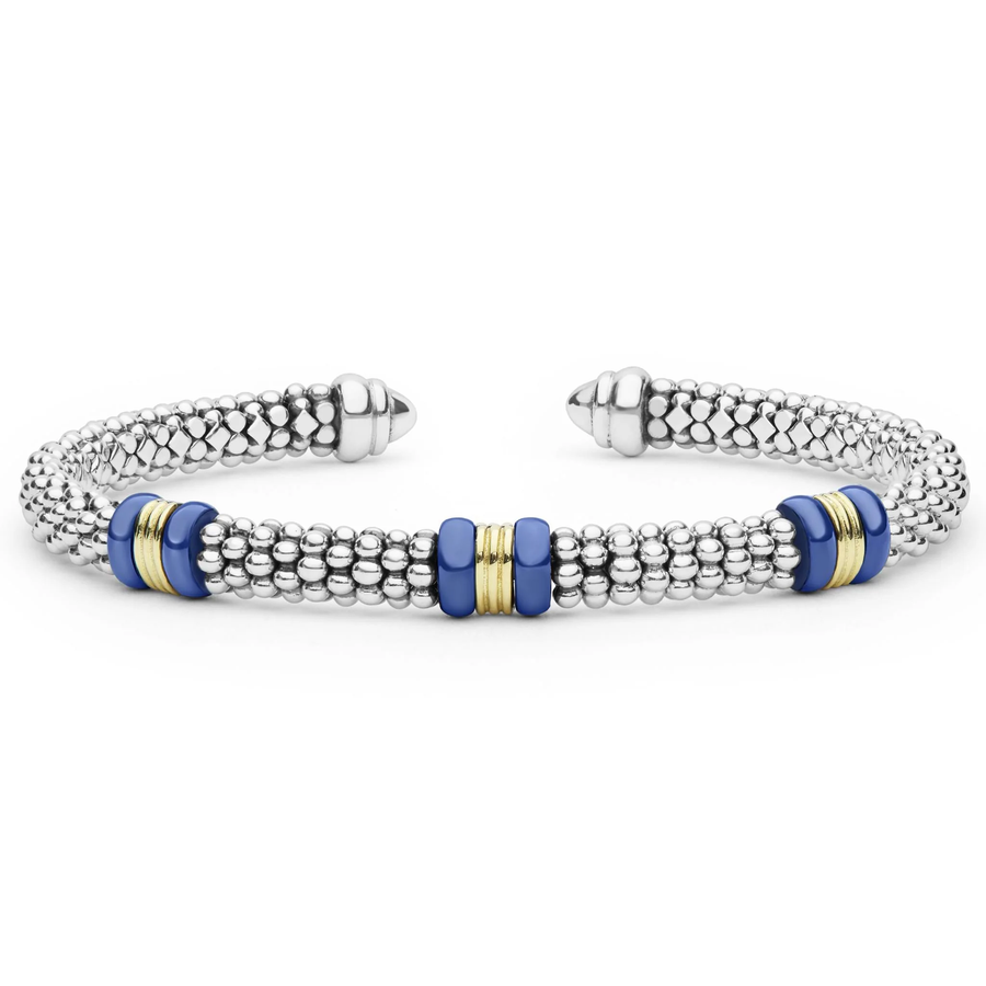 Blue Caviar 3 Station Cuff Bracelet in 18K Yellow Gold, Sterling Silver and Ceramic, size 6.5