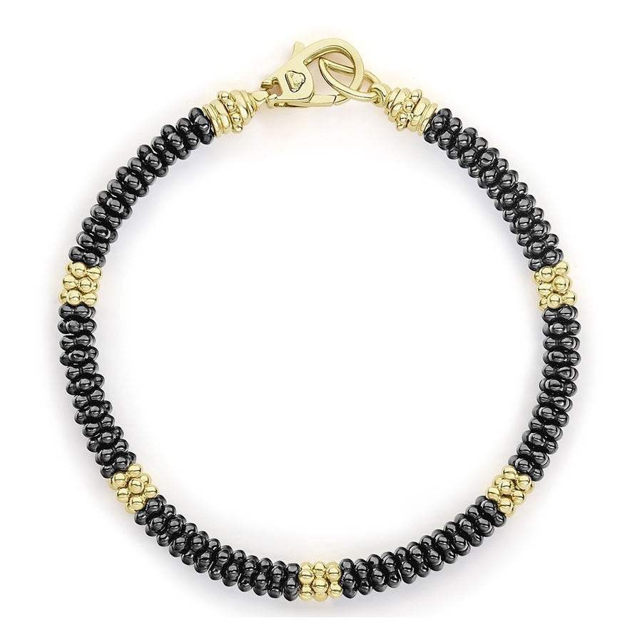 Black Caviar 5mm Beaded Bracelet in 18K Yellow Gold and Ceramic, size 7