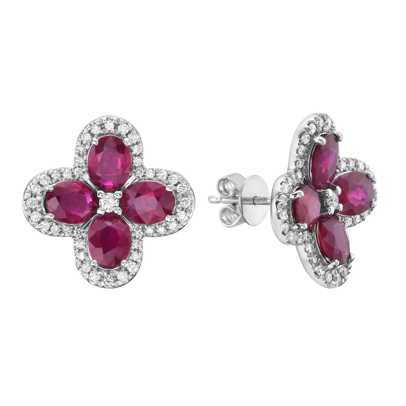 3.21ct Oval Ruby and 0.34ct Diamond Flow Stud Earrings in 14K White Gold