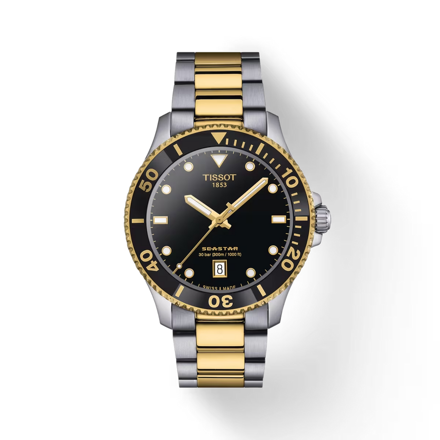 40MM SEASTAR 1000 SS/YELLOW GOLD PVD QUARTZ 30 ATM WAT RES BLK DL ROTATING BLK DL BRCLT W/ DPLY