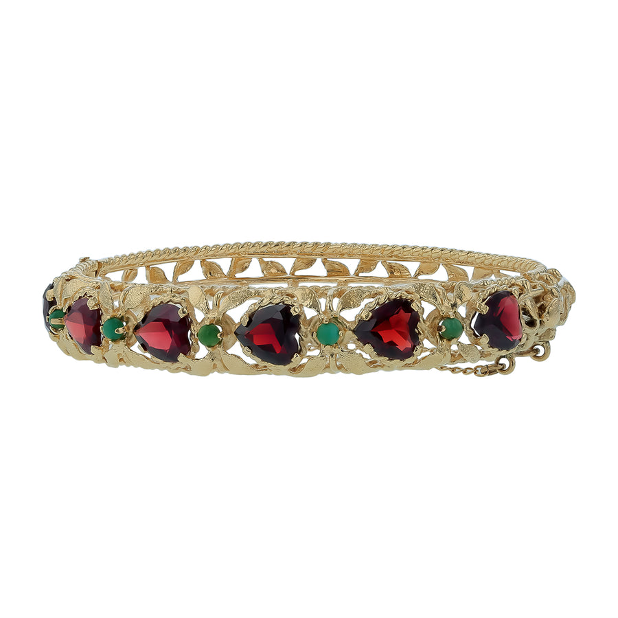 Heart Shaped Garnet and Cabochon Turquoise Bangle Bracelet in 14K Yellow Gold
