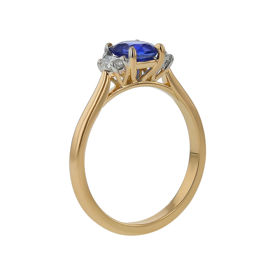 0.94ct Cushion Ceylon Sapphire and 0.30ct Diamond 3 Stone Ring in 18K Yellow Gold, size 6.75