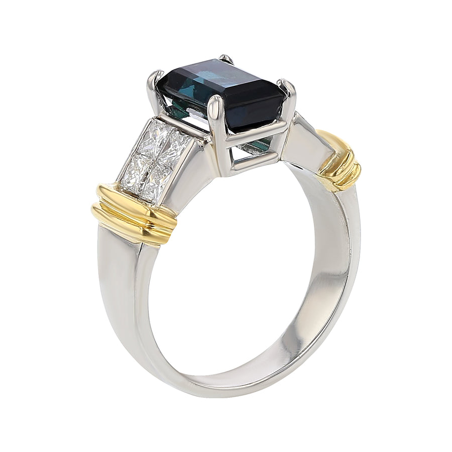 2.05ct Emerald Cut Brazilian Indicolite Tourmaline and 0.72ct Diamonds Ring in Platinum and 18k Yellow Gold, Size 6