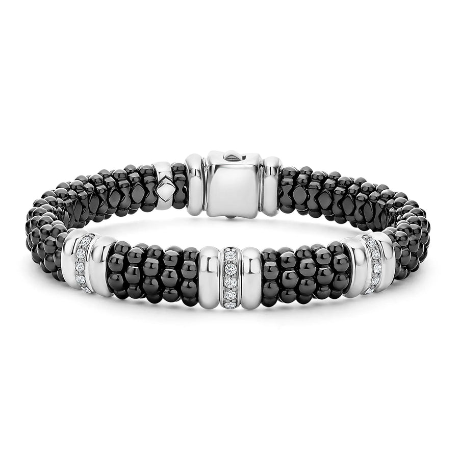 9mm Black Caviar 3-Station Rope Bracelet with Diamond and Black Ceramic in Sterling Silver and 18K Yellow Gold, Size 7.5
