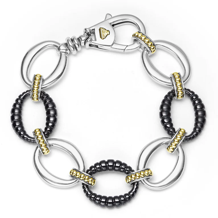 Black Caviar Ceramic Fluted Link Bracelet in Sterling Silver and 18K Yellow Gold, size 7
