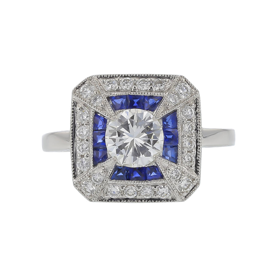 0.73ct Round Diamond 1.34ct Sapphire and 0.33ct Diamond Ring in Platinum, Size 6.5
