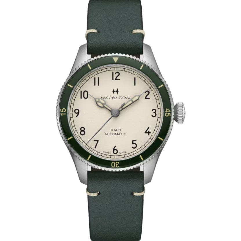 38mm Khaki Aviation Pilot Automatic Watch with White Dial in Stainless Steel, Strap