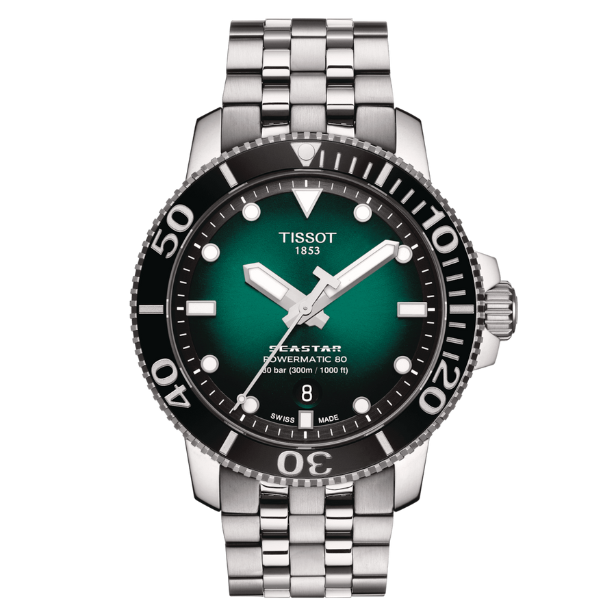 43mm Seastar 1000 Powermatic 80 Watch with Green Gradient Dial in Stainless Steel, Bracelet
