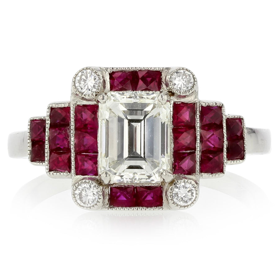 1.18ct Emerald Cut Diamond, 1.82ct Ruby, and 0.18ct Diamond Ring in Platinum