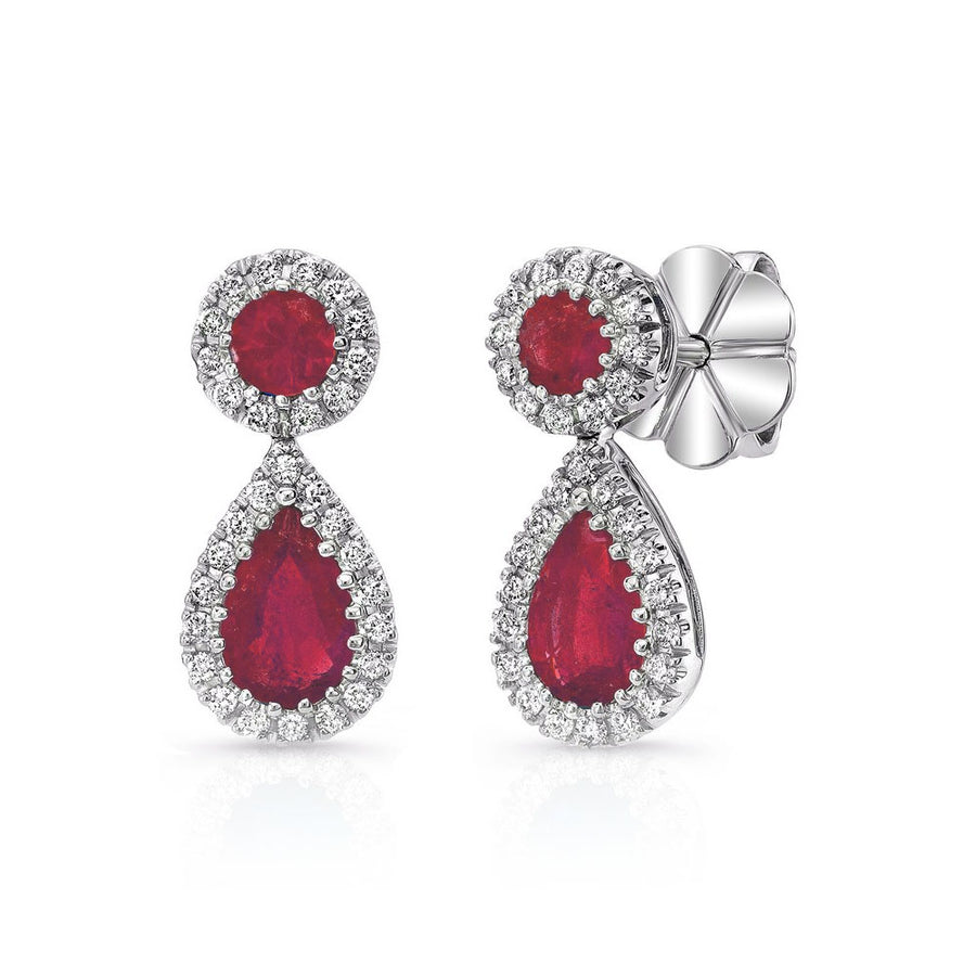 60 0.25ct Round Diamonds and 4 1.35ct Rubies Drop Earrings in 14K White Gold