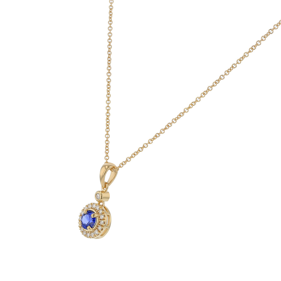0.55ct Round Sapphire and 0.14ct Full Cut Diamonds Halo Pendant in 14K  Yellow Gold, 18" Chain