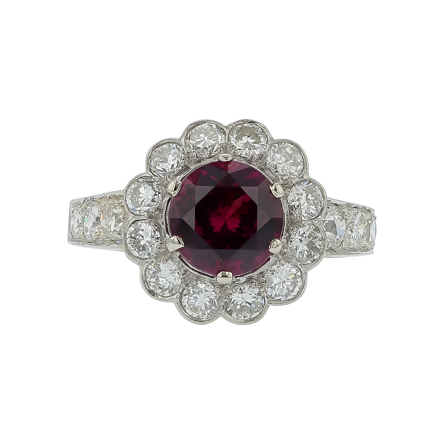 3.10ct Round Tanzanian Garnet and 1.80ct Diamond Halo Ring in 14K White Gold, Size  9.75