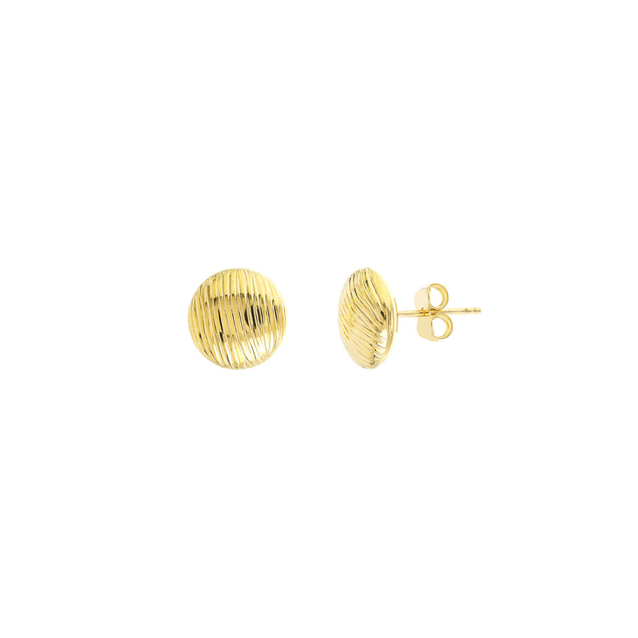 A pair of 14K yellow gold ridged button stud earrings.
