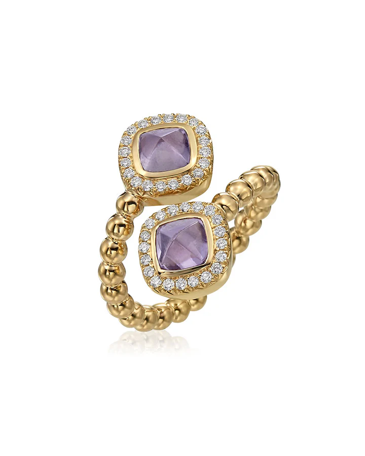 Nutmeg 2.43Ct Pink Sapphire and 0.29Ct Diamond Crossover Halo Ring in 18K Yellow Gold