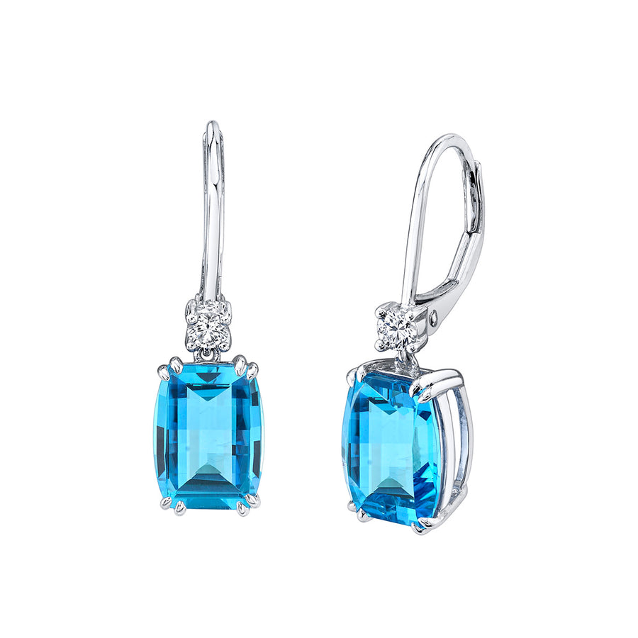 4.84ct Rectangular Barrel Blue Topaz and 0.13ct Diamond Earrings in 14K White Gold
