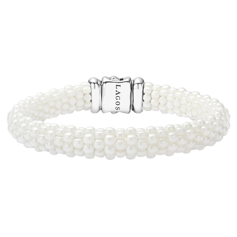 White Caviar Bracelet in Sterling Silver and Ceramic, Size 7