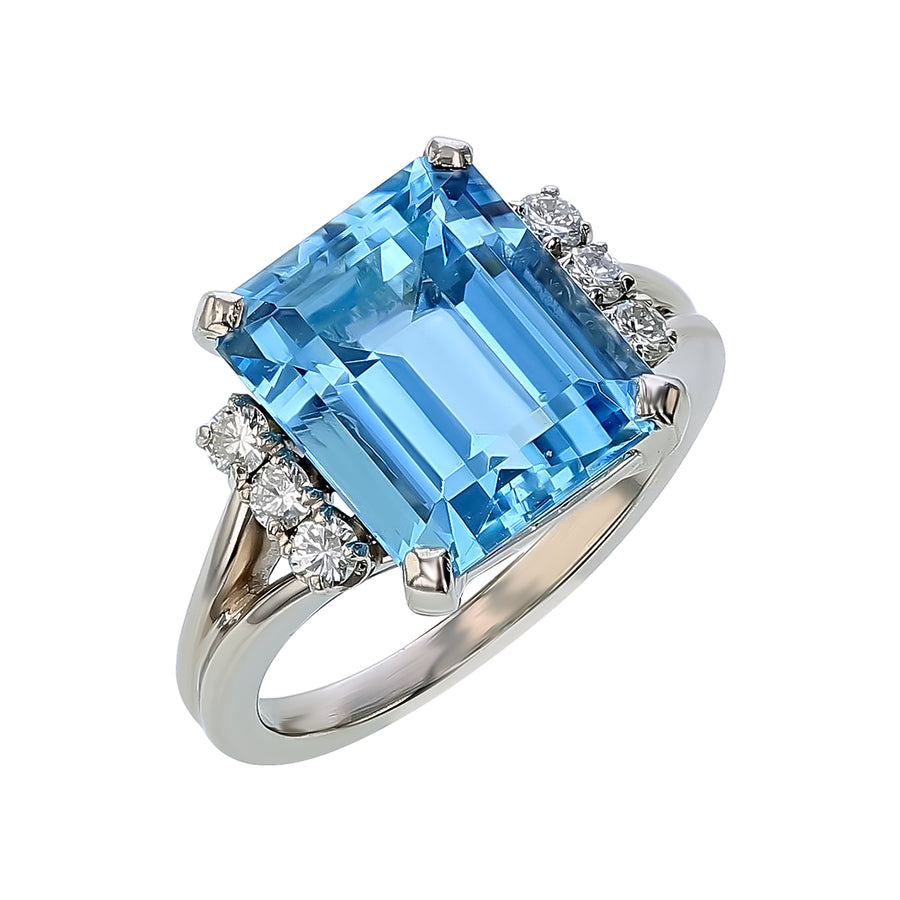 6.63ct Emerald Cut Aquamarine and 0.24ct Diamond Ring in Platinum, size 6.5