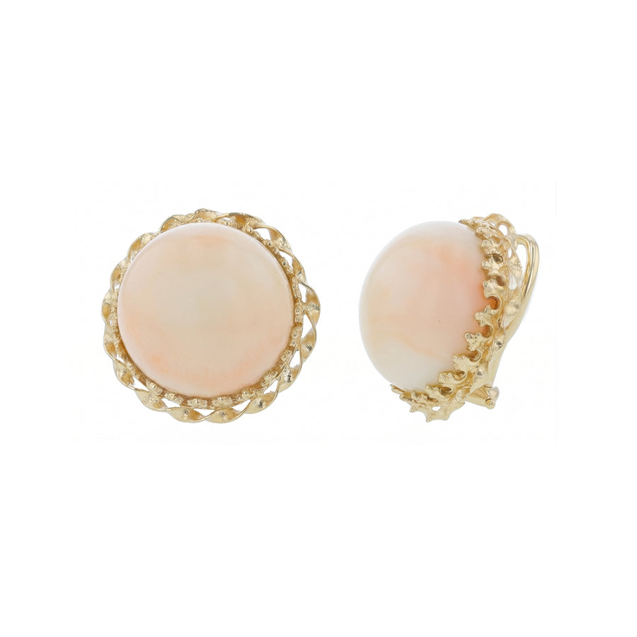 Round Coral Button Earrings in 14K Yellow Gold with Clipbacks