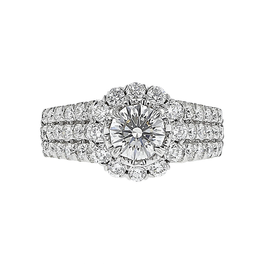 Crisscut Diamond Halo Engagement Ring with Triple Band