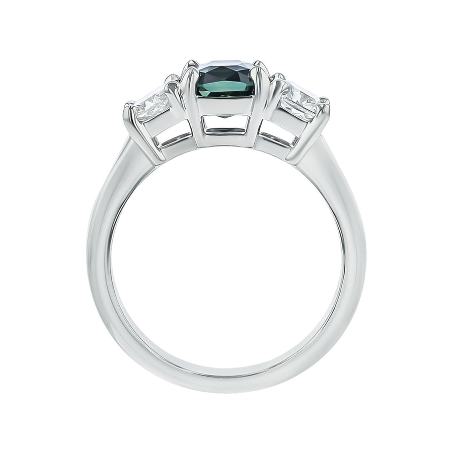 Platinum Teal Sapphire and Diamond 3 Stone Ring