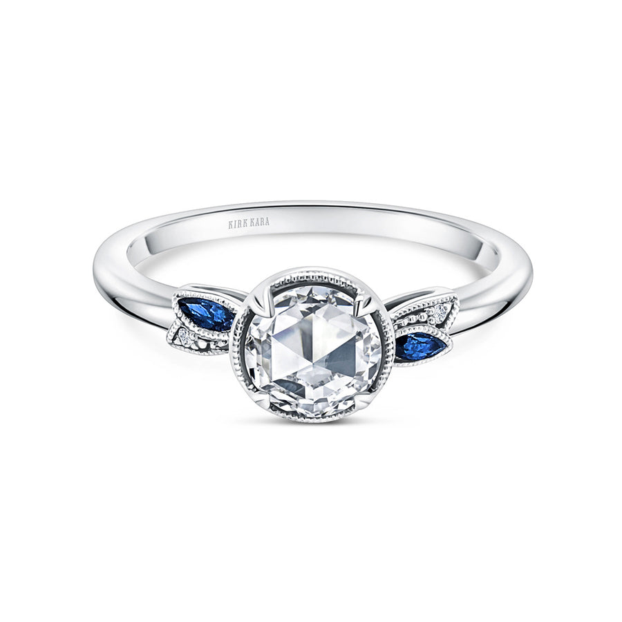 14K White Gold Rose Cut Diamond Sapphire Engagement Ring
