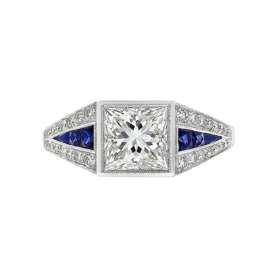 Platinum Princess-cut Diamond and Sapphire Ring